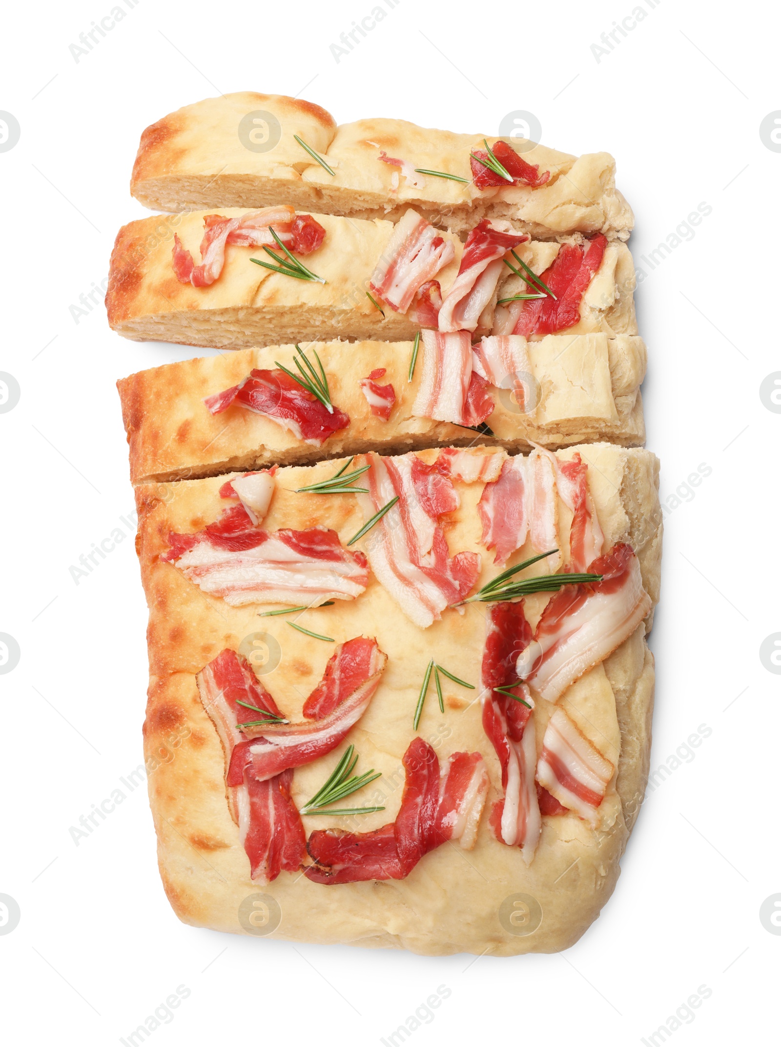 Photo of Pieces of delicious focaccia bread with bacon and rosemary isolated on white, top view