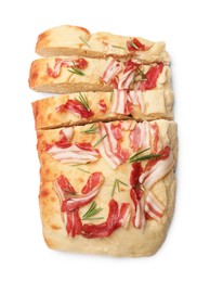 Photo of Pieces of delicious focaccia bread with bacon and rosemary isolated on white, top view