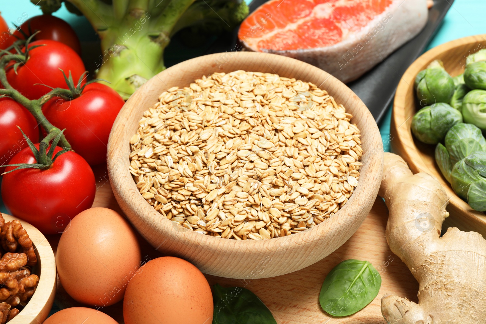 Photo of Different fresh products rich in melatonin on table, closeup