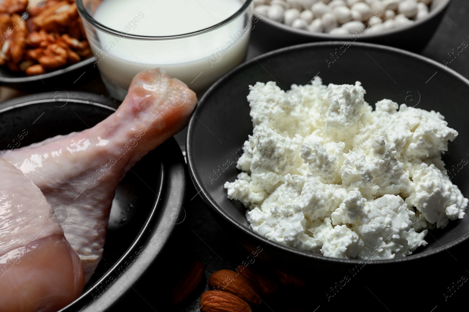 Photo of Different fresh products rich in estrogen on grey table, closeup