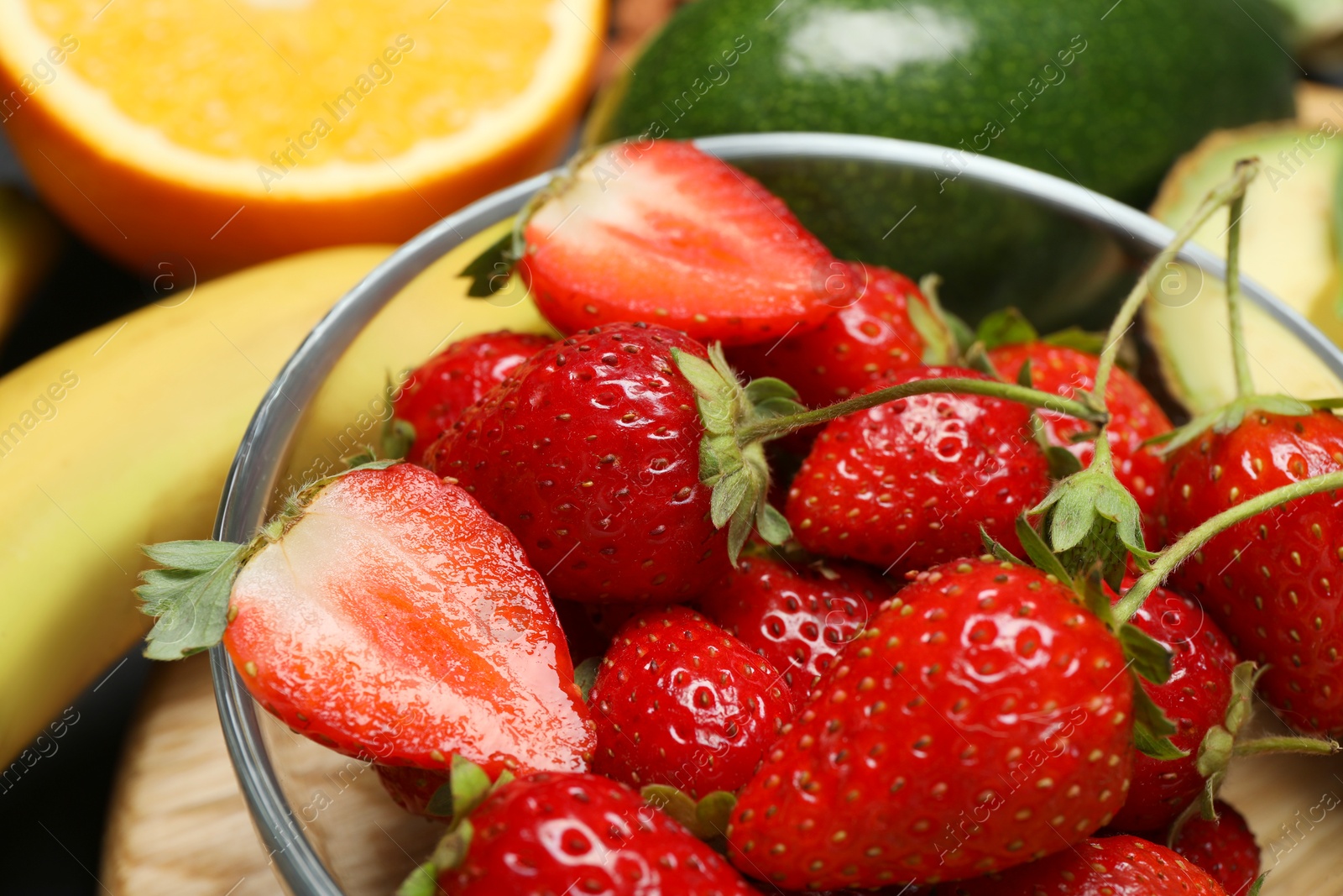 Photo of Different fresh products rich in dopamine on table, closeup