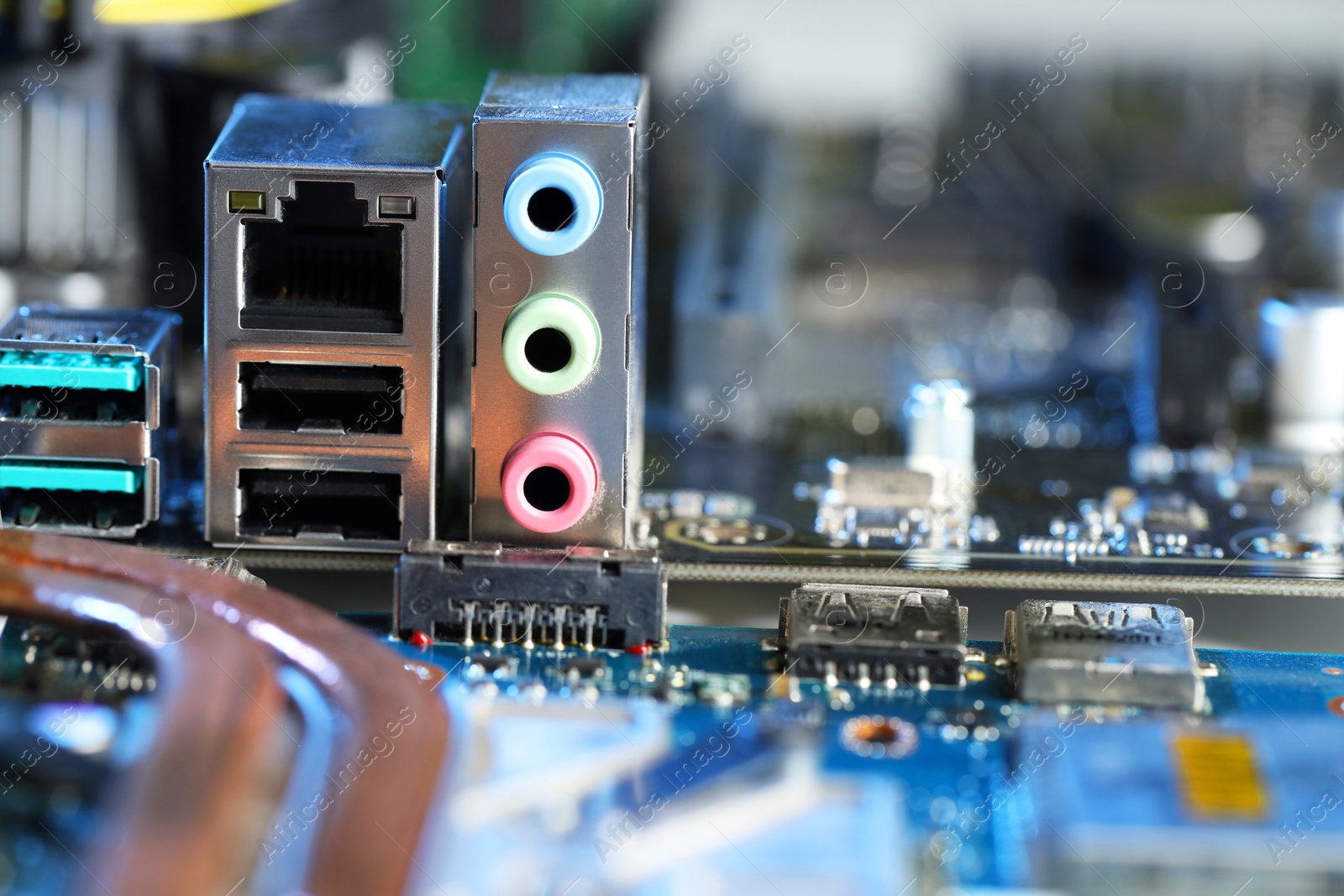 Photo of Computer motherboard as background, closeup. Electronic engineering