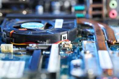 Photo of Computer motherboard as background, closeup. Electronic engineering