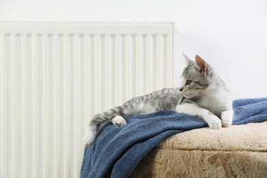 Photo of Cute little kitten on pouf near radiator at home, space for text