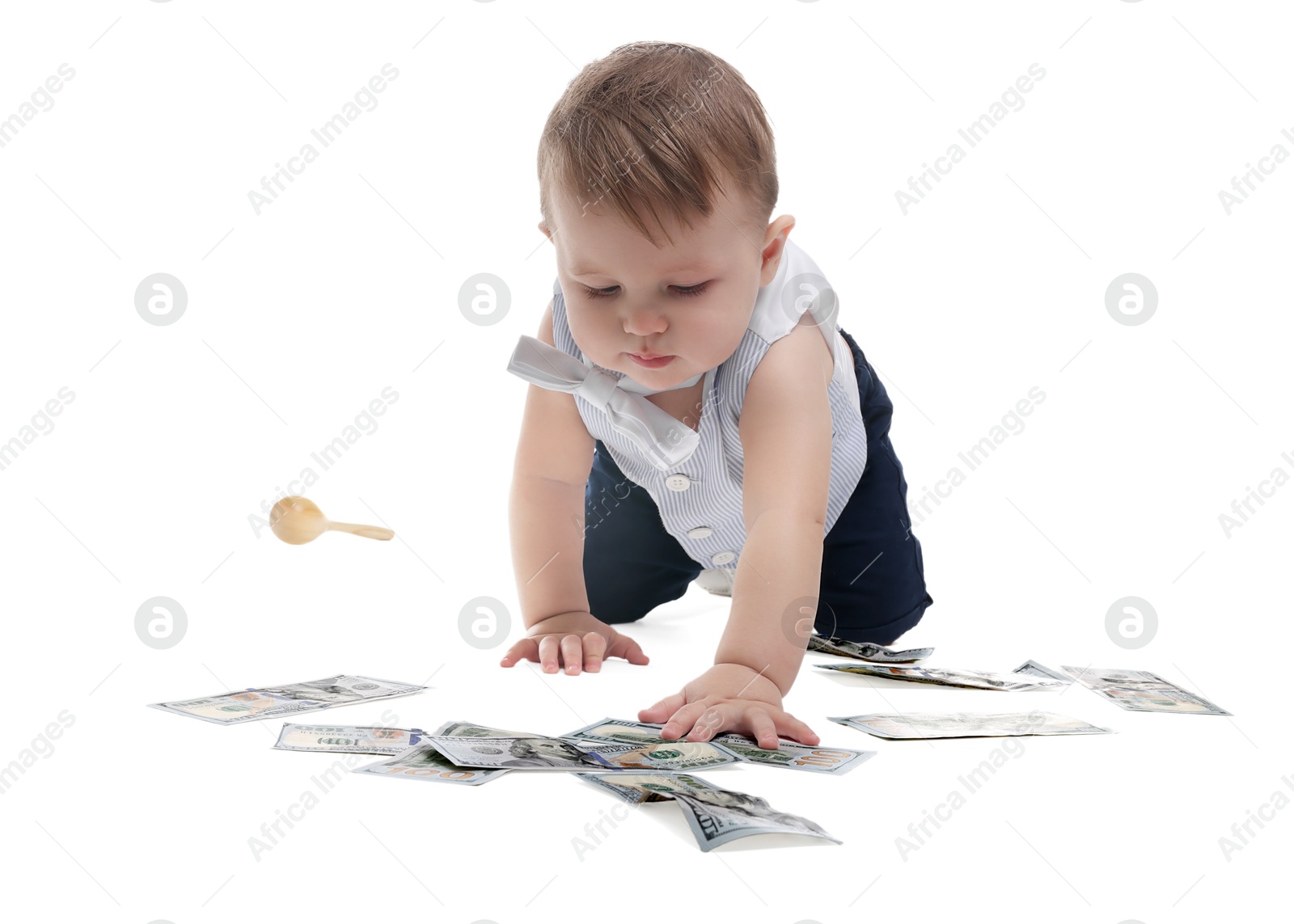 Photo of Little baby with money on white background