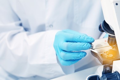 Photo of Scientist examining sample on slide under microscope, closeup