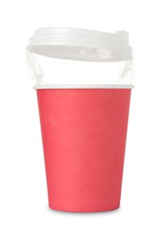 Photo of Paper cup with lid on white background. Mockup for design