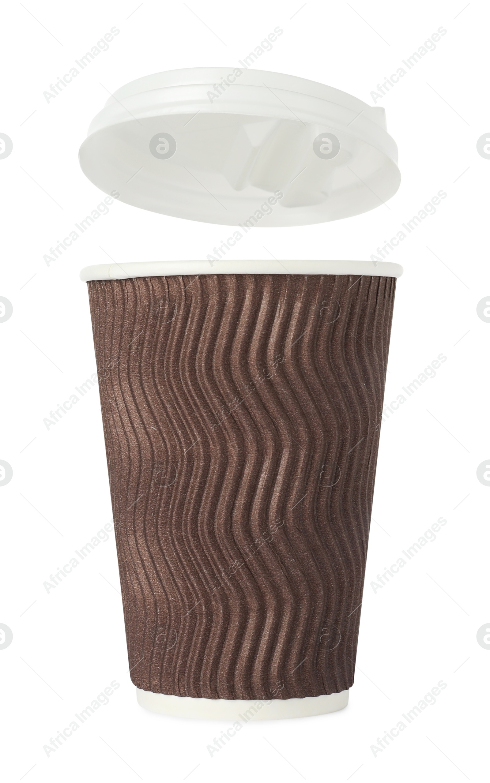 Photo of Paper cup with lid on white background. Mockup for design