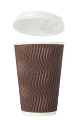 Photo of Paper cup with lid on white background. Mockup for design