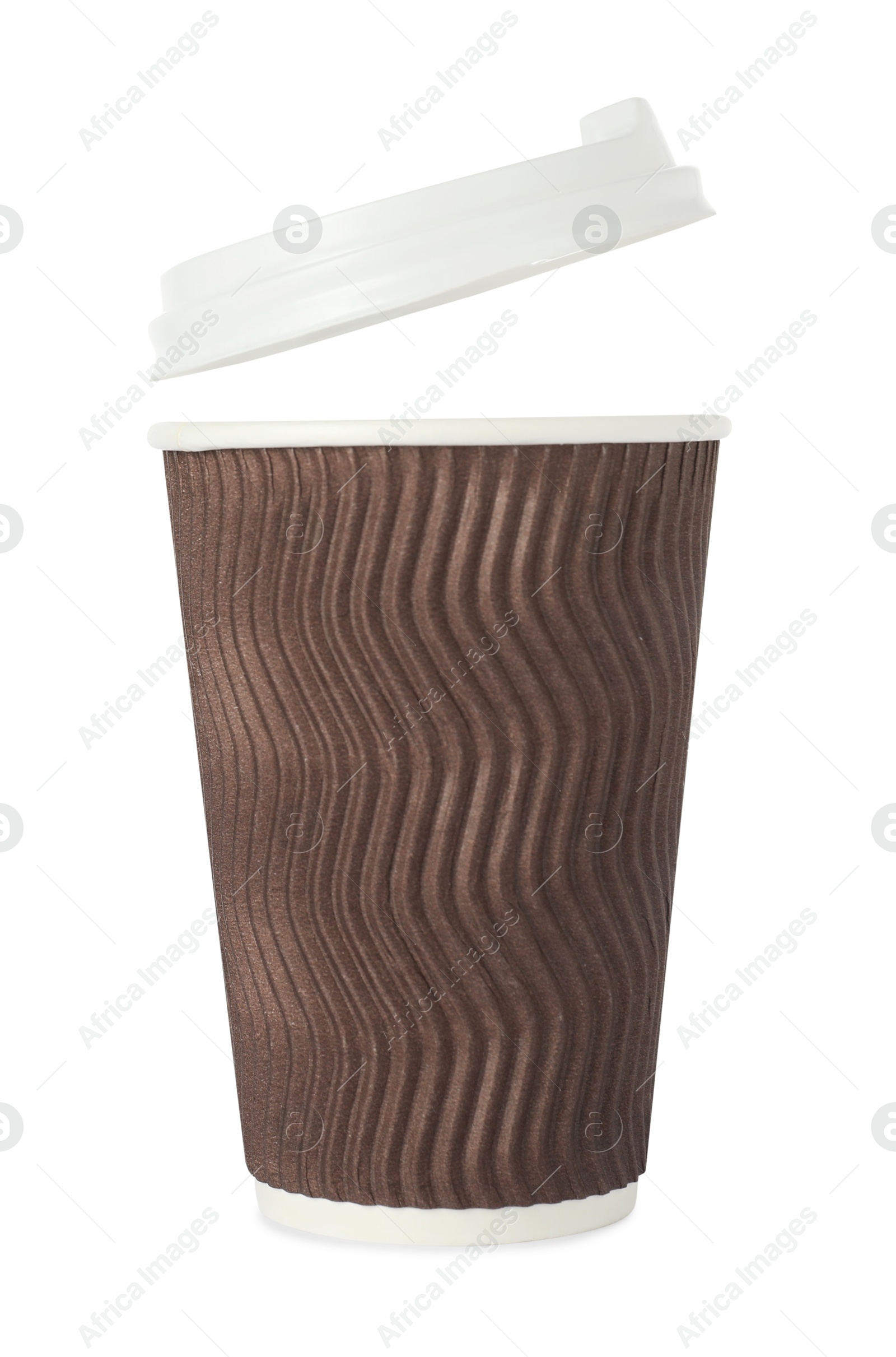 Photo of Paper cup with lid on white background. Mockup for design