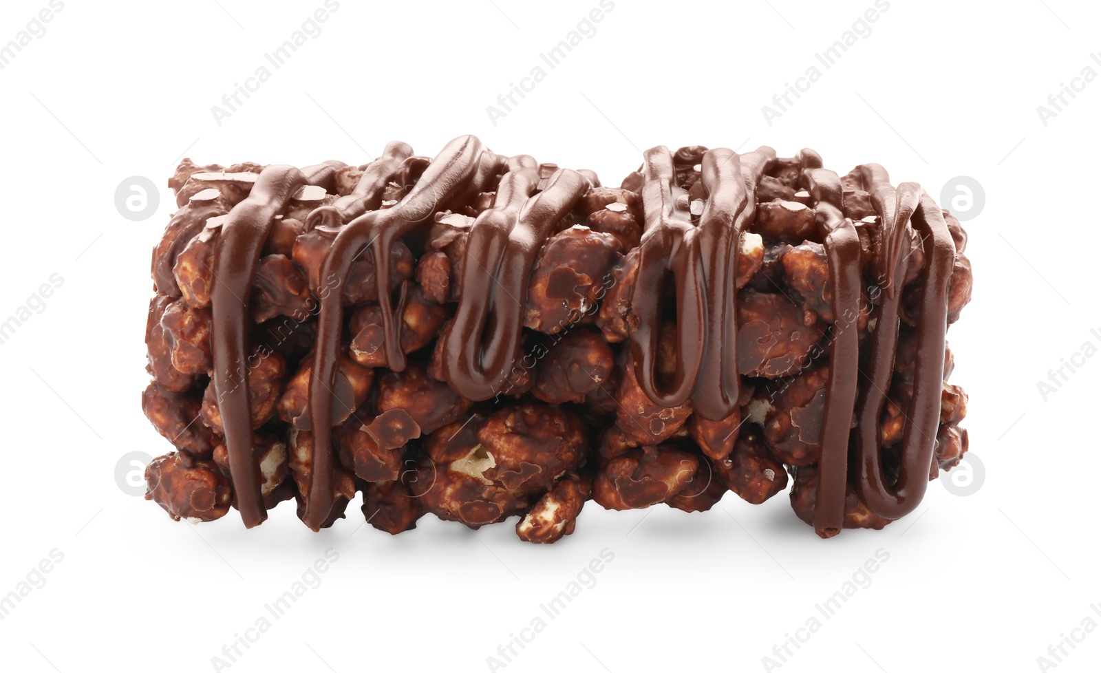 Photo of Delicious chocolate puffed rice bar isolated on white