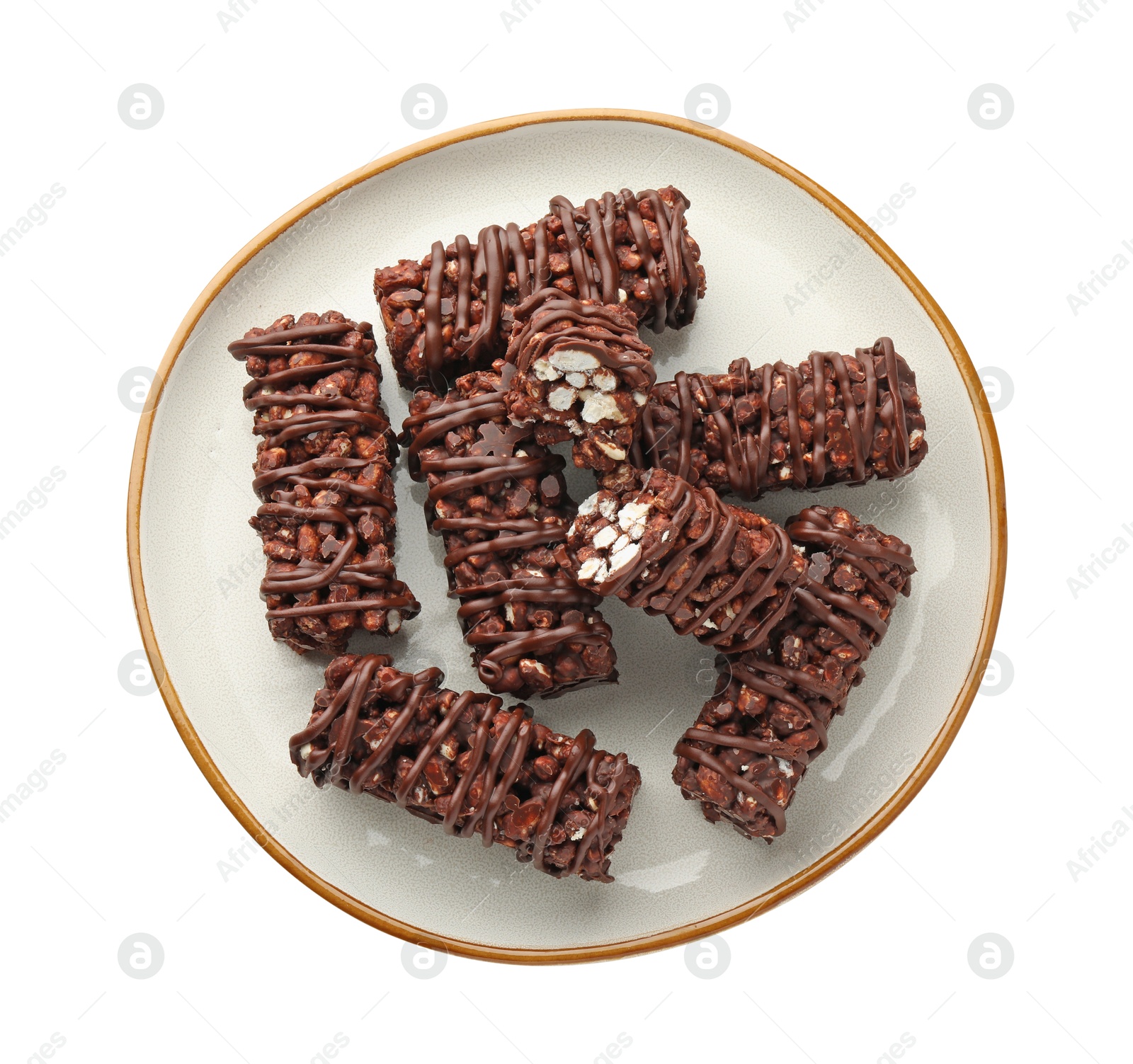 Photo of Delicious chocolate puffed rice bars isolated on white, top view