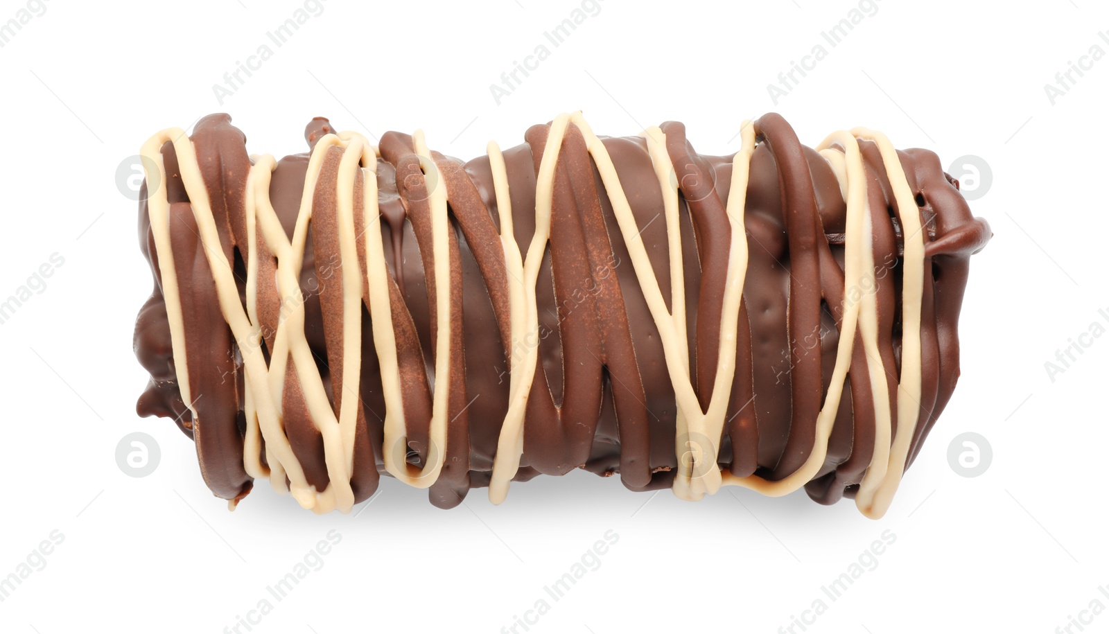 Photo of Delicious chocolate puffed rice bar isolated on white, top view