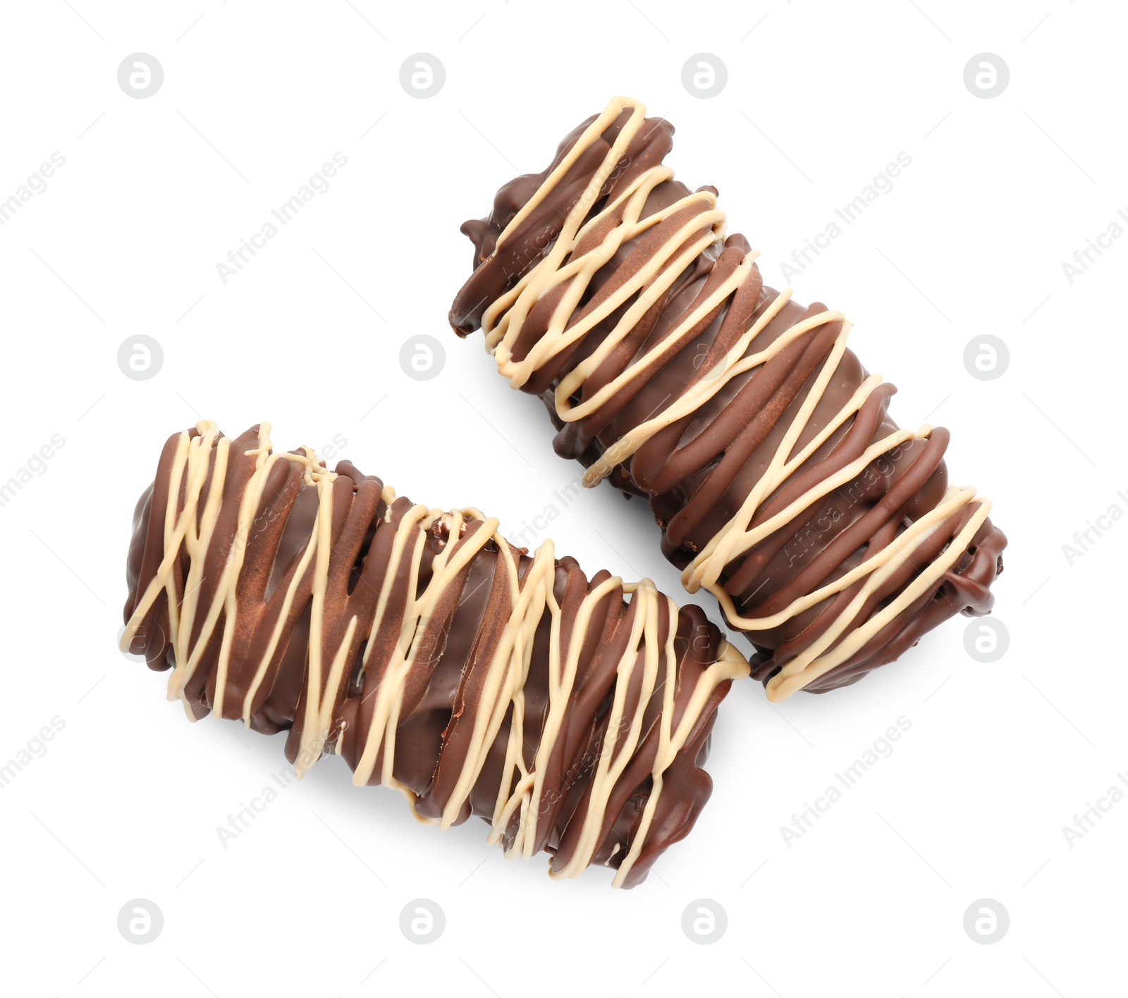 Photo of Delicious chocolate puffed rice bars isolated on white, top view