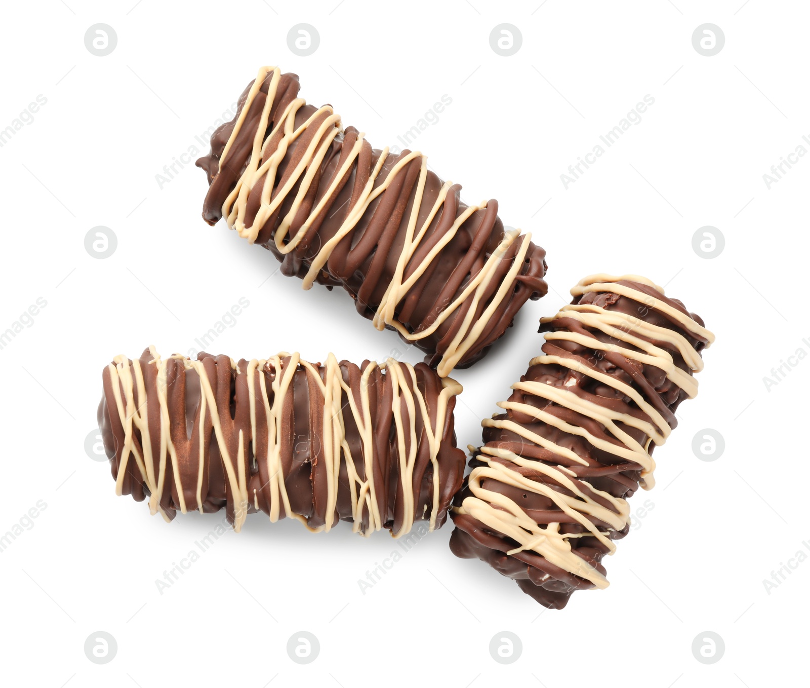 Photo of Delicious chocolate puffed rice bars isolated on white, top view