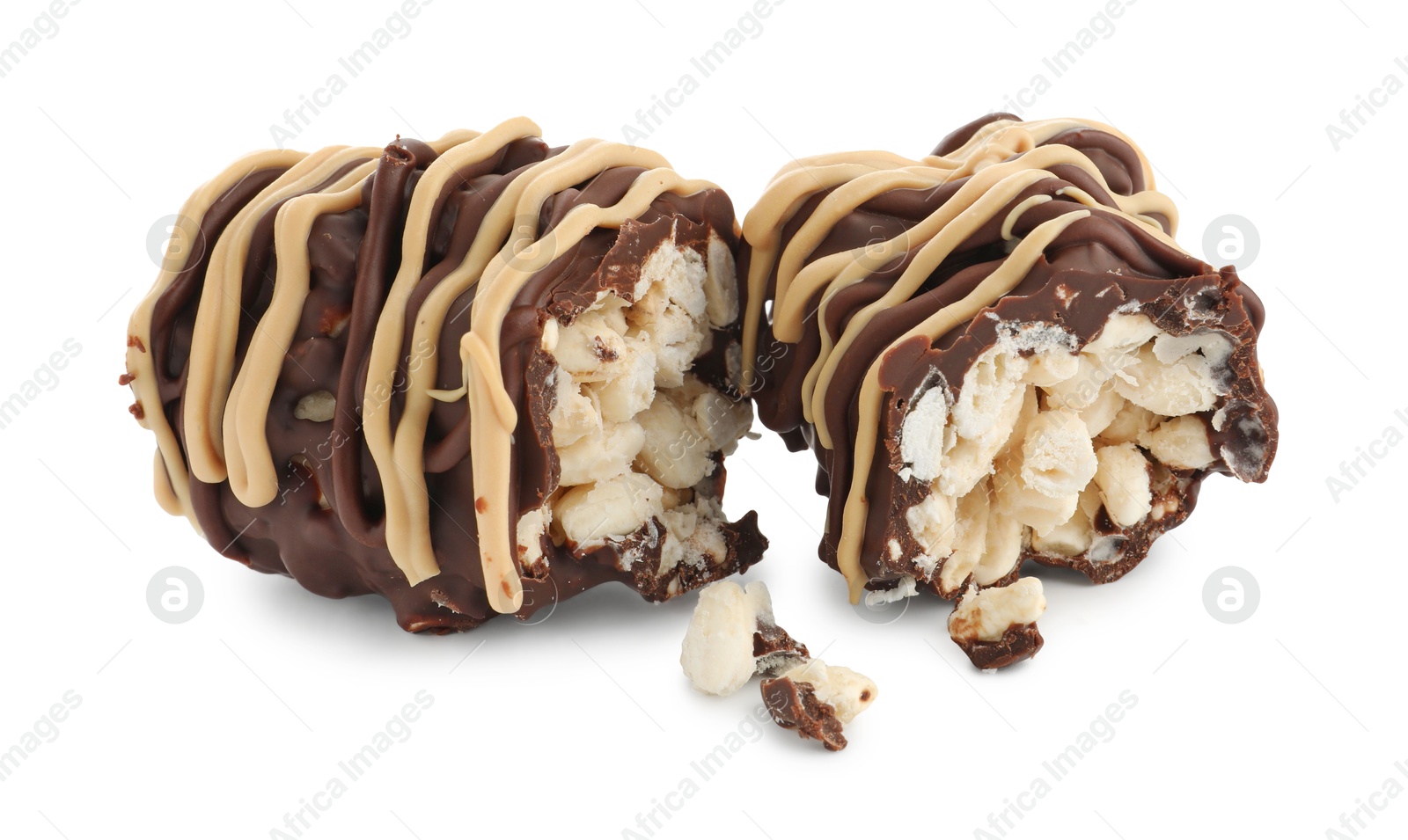 Photo of Pieces of delicious chocolate puffed rice bar isolated on white