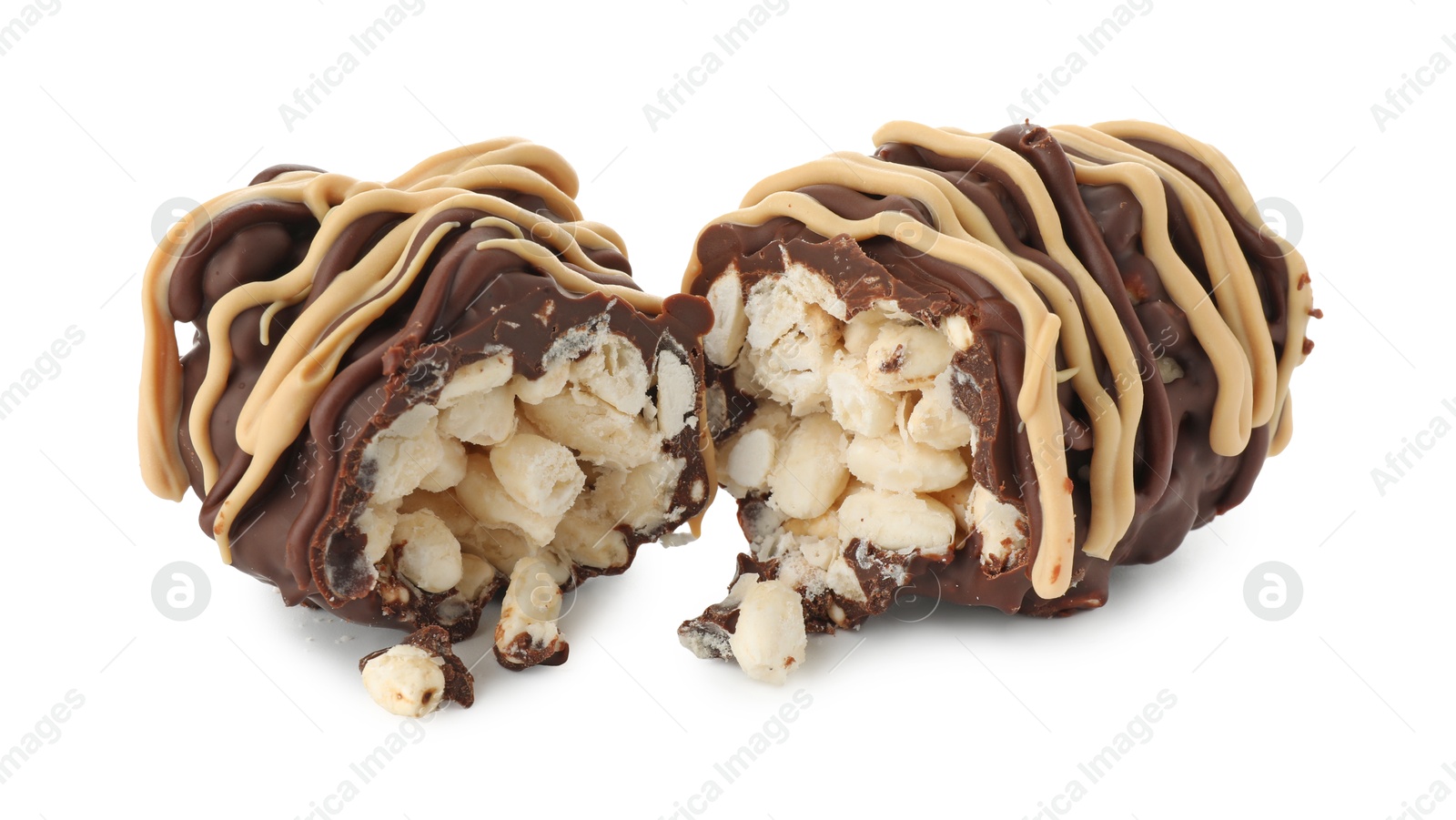 Photo of Pieces of delicious chocolate puffed rice bar isolated on white