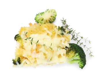 Photo of Tasty pasta casserole with cheese and broccoli isolated on white