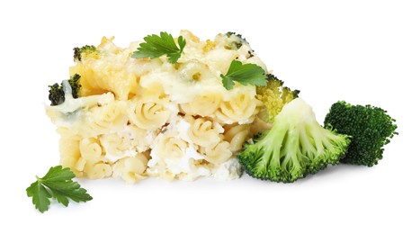 Photo of Tasty pasta casserole with cheese and broccoli isolated on white