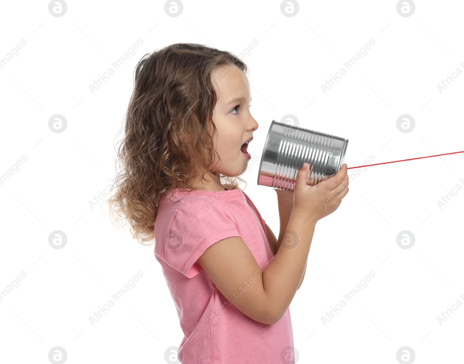 Photo of Girl using tin can telephone on white background