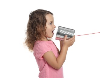 Photo of Girl using tin can telephone on white background