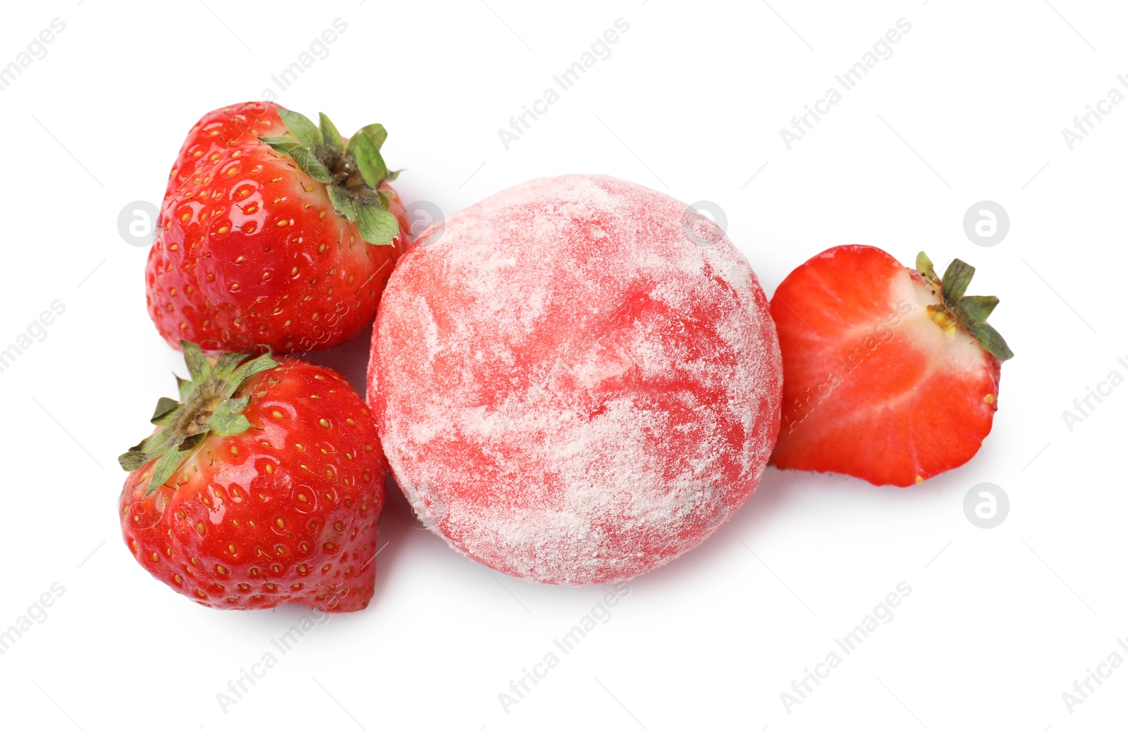 Photo of Delicious mochi and strawberries isolated on white, top view