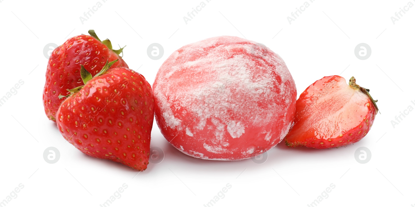 Photo of Delicious mochi and strawberries isolated on white