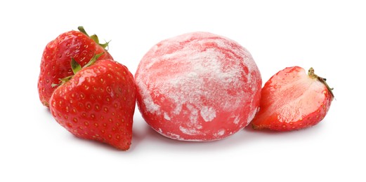 Photo of Delicious mochi and strawberries isolated on white