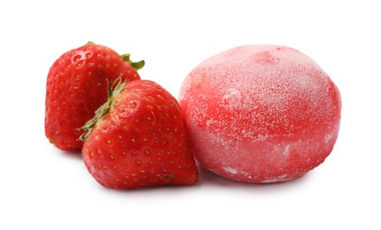 Photo of Delicious mochi and strawberries isolated on white