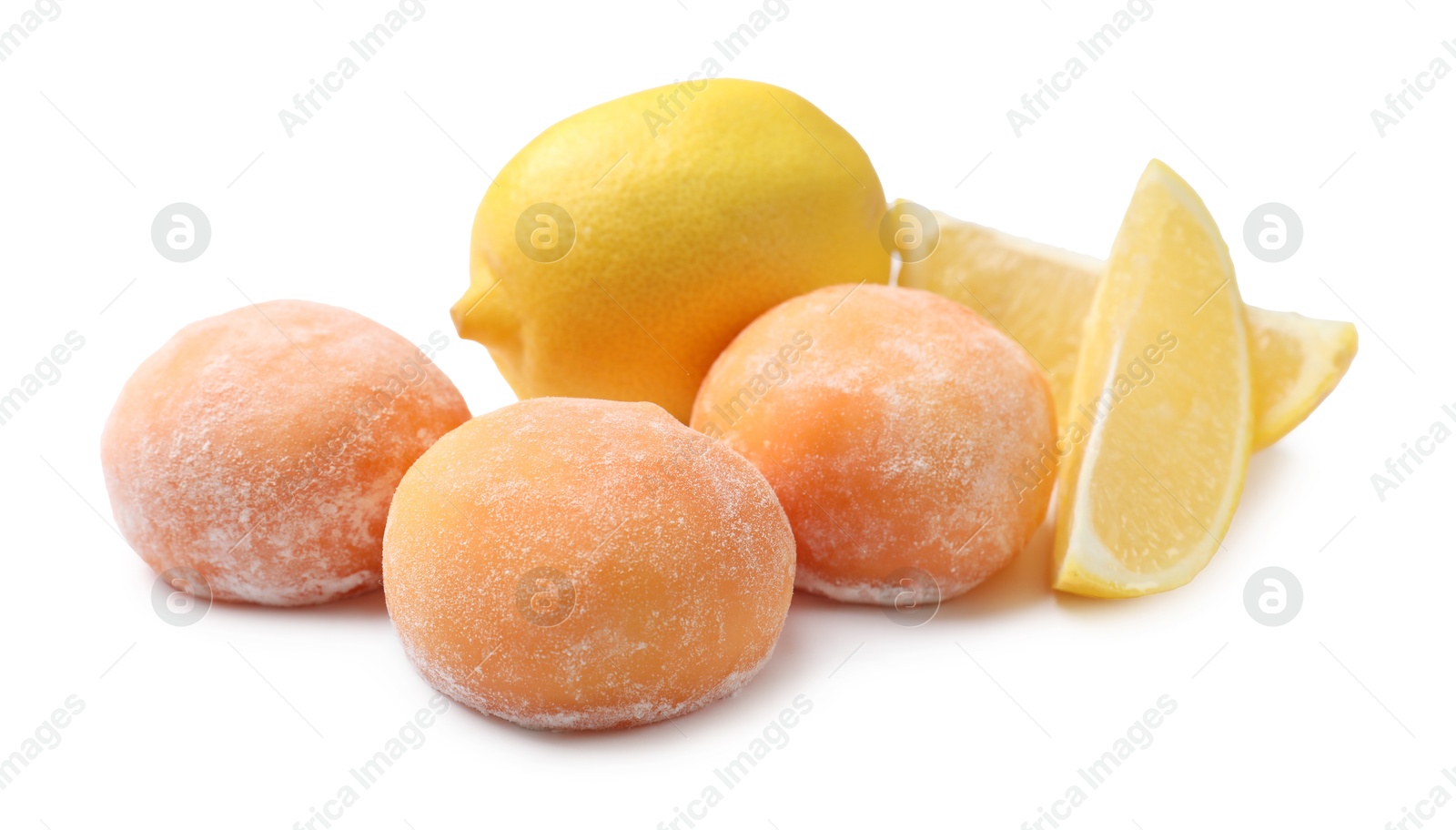 Photo of Delicious mochi and lemons isolated on white