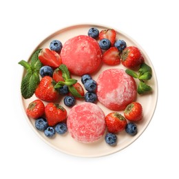 Photo of Delicious mochi, strawberries, blueberries and mint isolated on white, top view