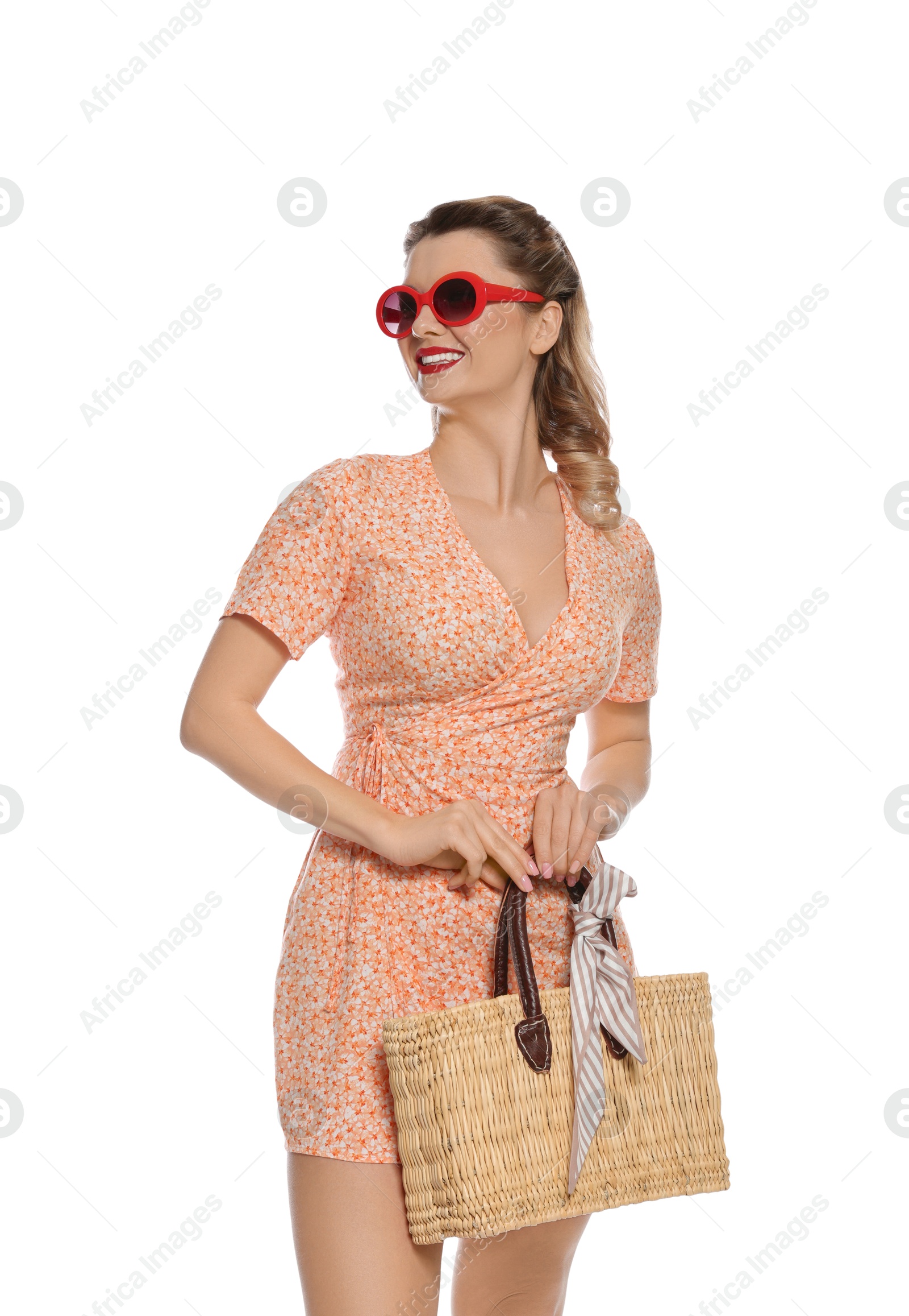 Photo of Happy pin-up woman in sunglasses on white background