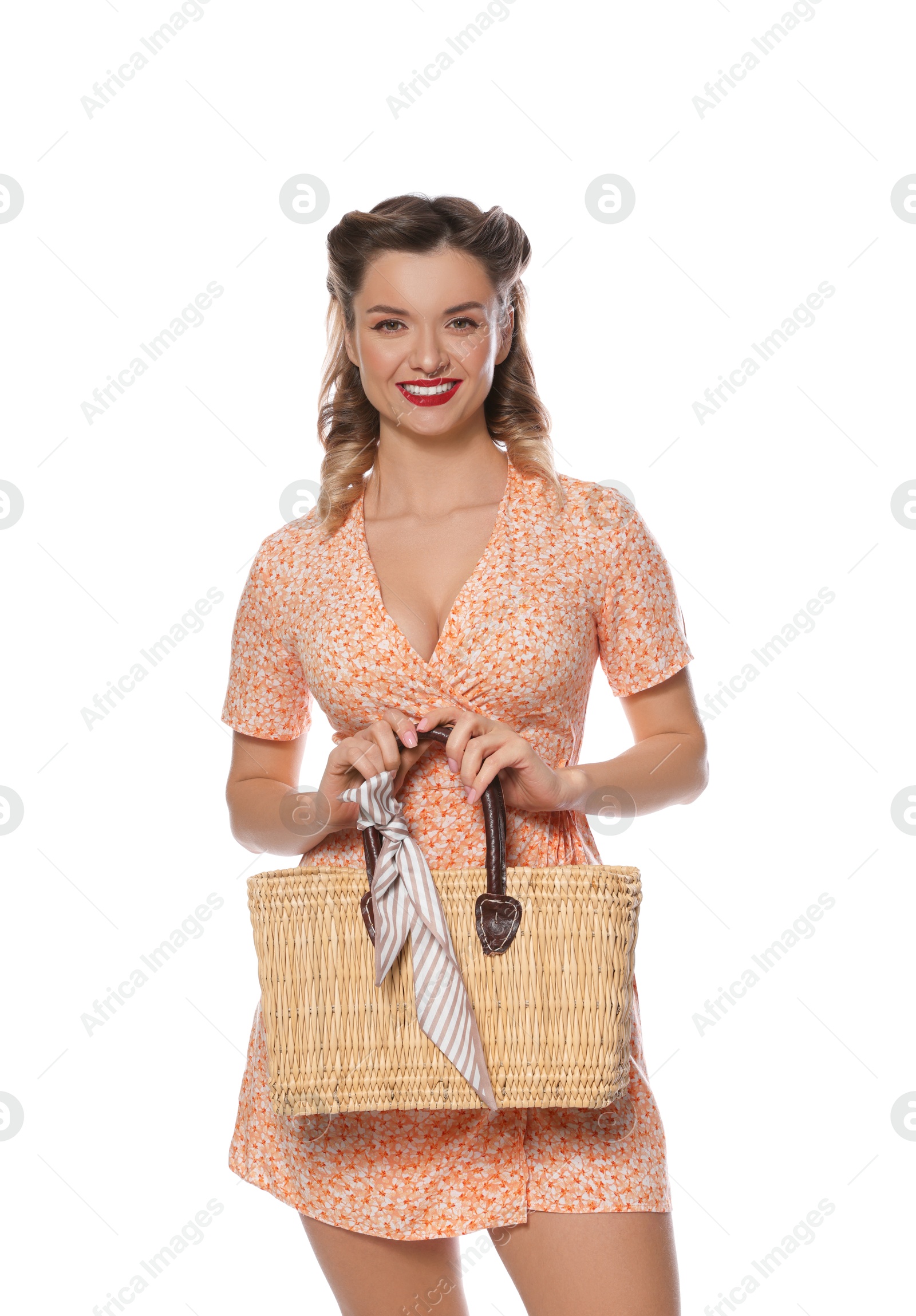 Photo of Happy pin-up woman in dress on white background