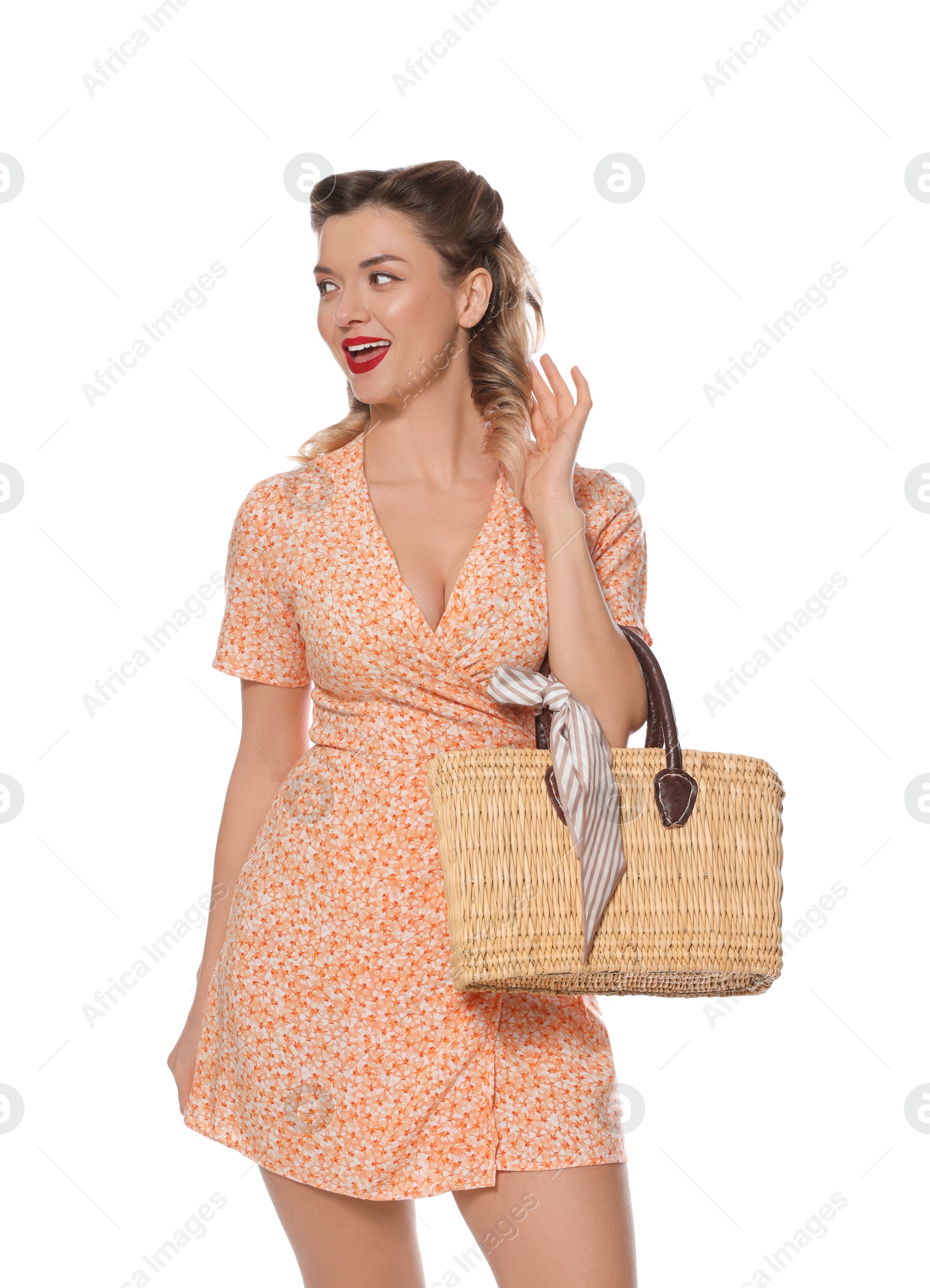 Photo of Happy pin-up woman in dress on white background