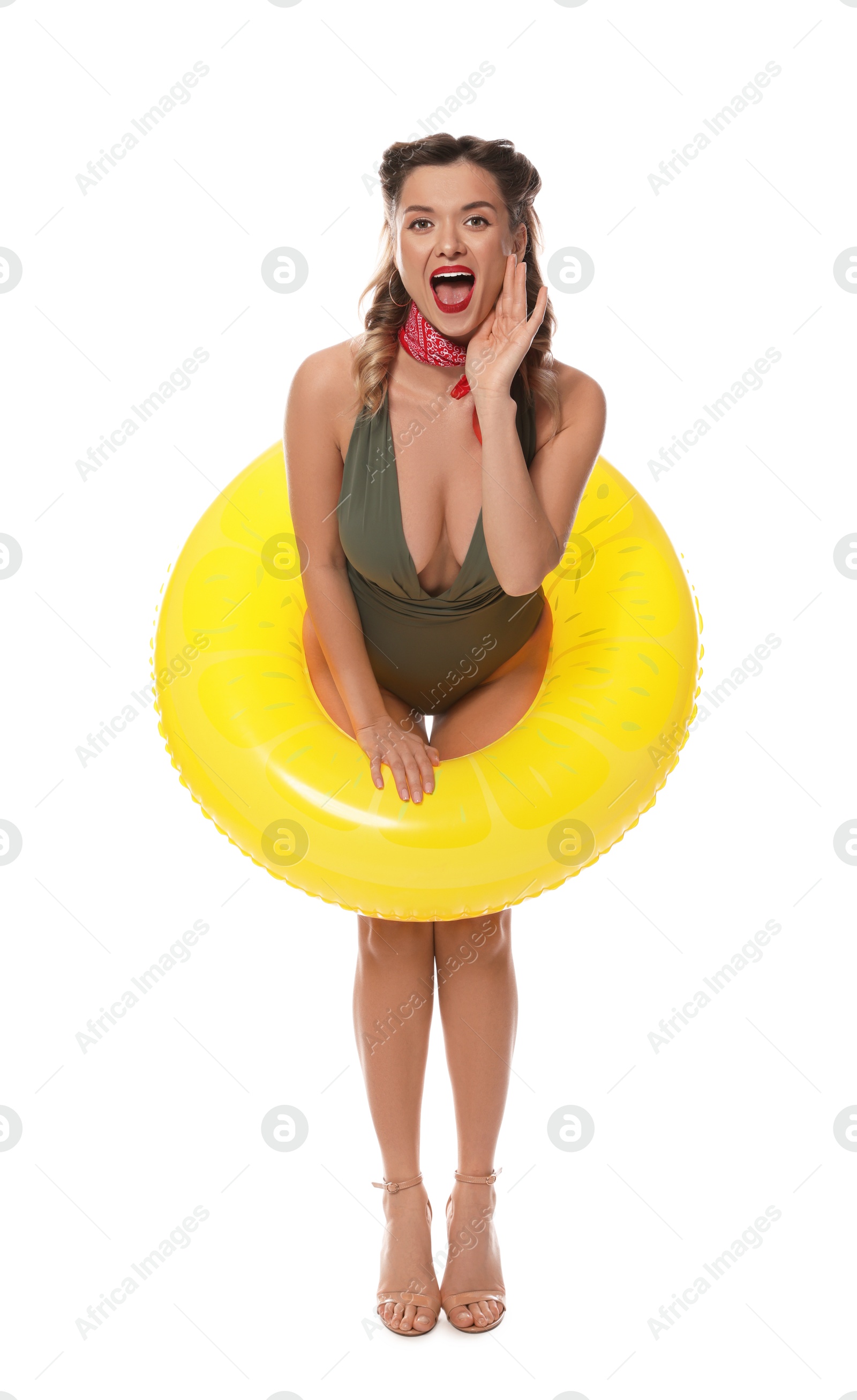 Photo of Excited pin-up woman in swimsuit with inflatable ring on white background