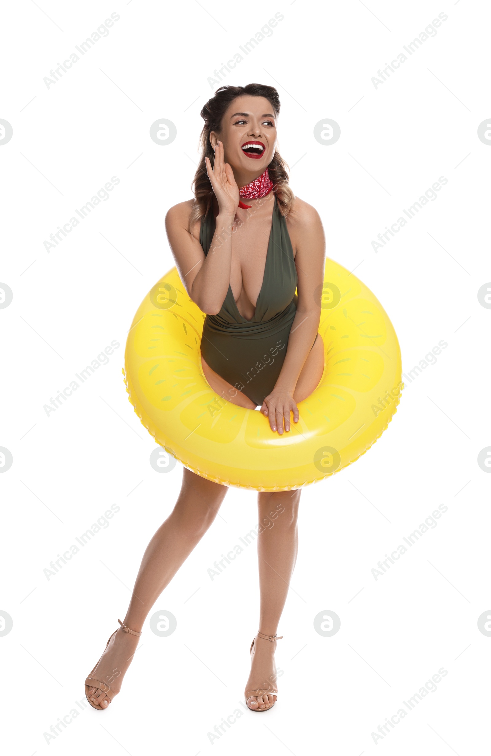 Photo of Excited pin-up woman in swimsuit with inflatable ring on white background