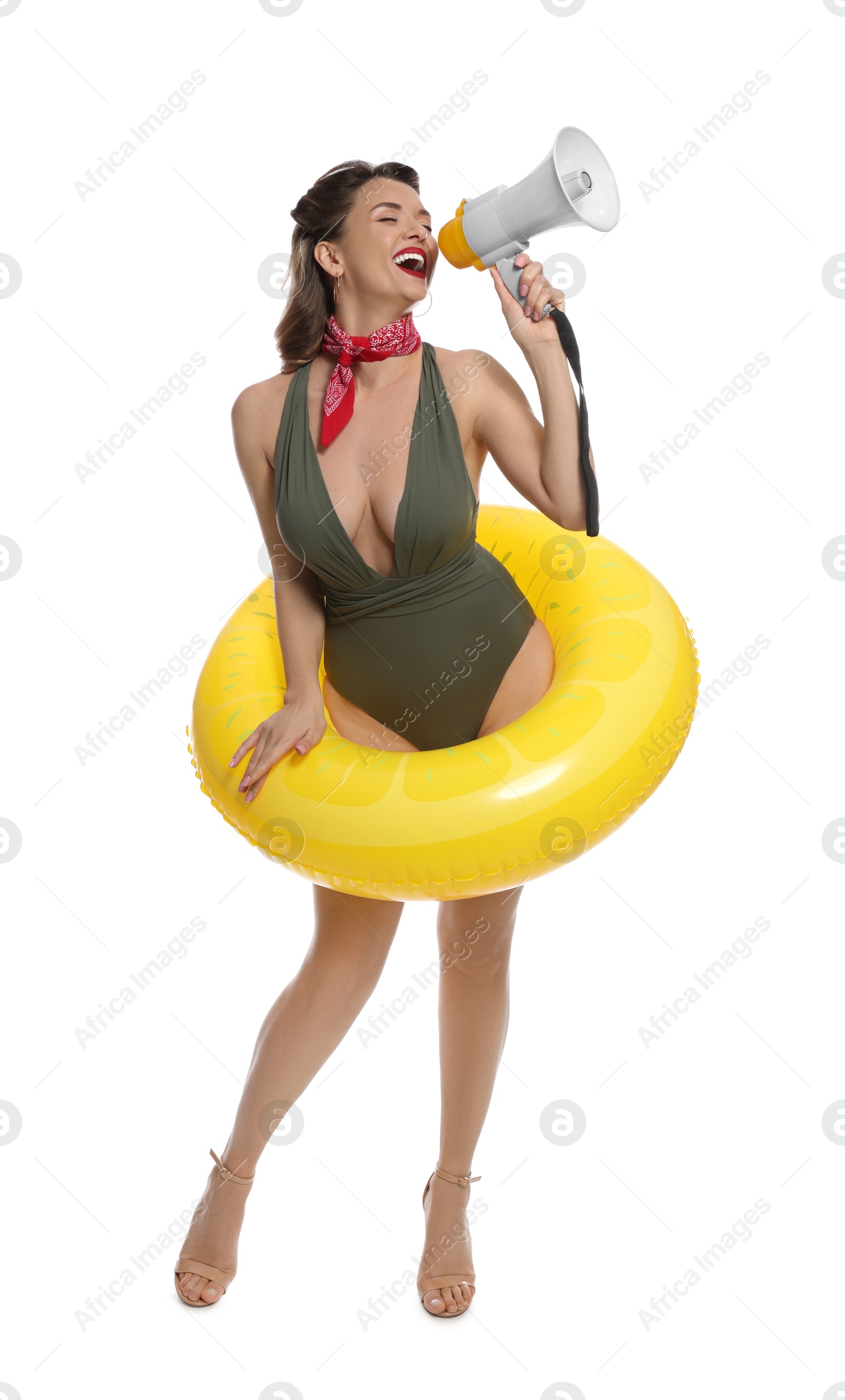 Photo of Excited pin-up woman shouting in megaphone on white background