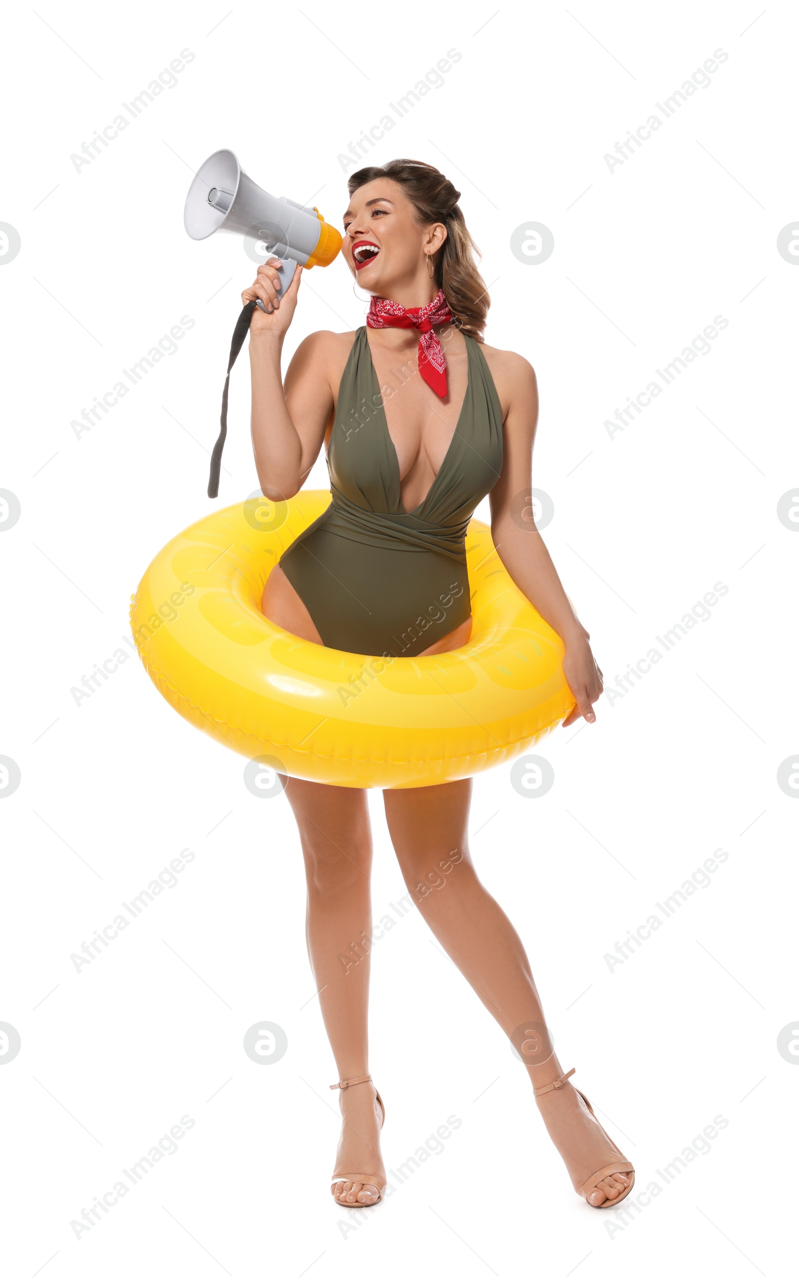 Photo of Excited pin-up woman shouting in megaphone on white background