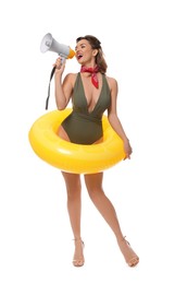 Photo of Excited pin-up woman shouting in megaphone on white background