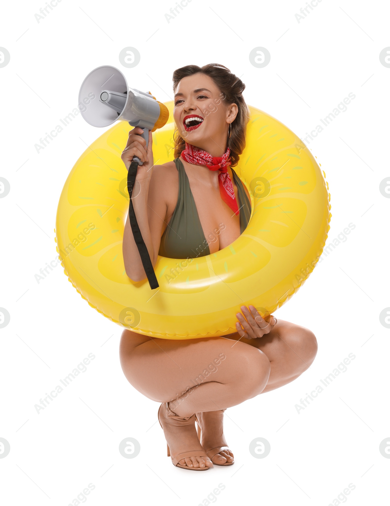 Photo of Excited pin-up woman shouting in megaphone on white background