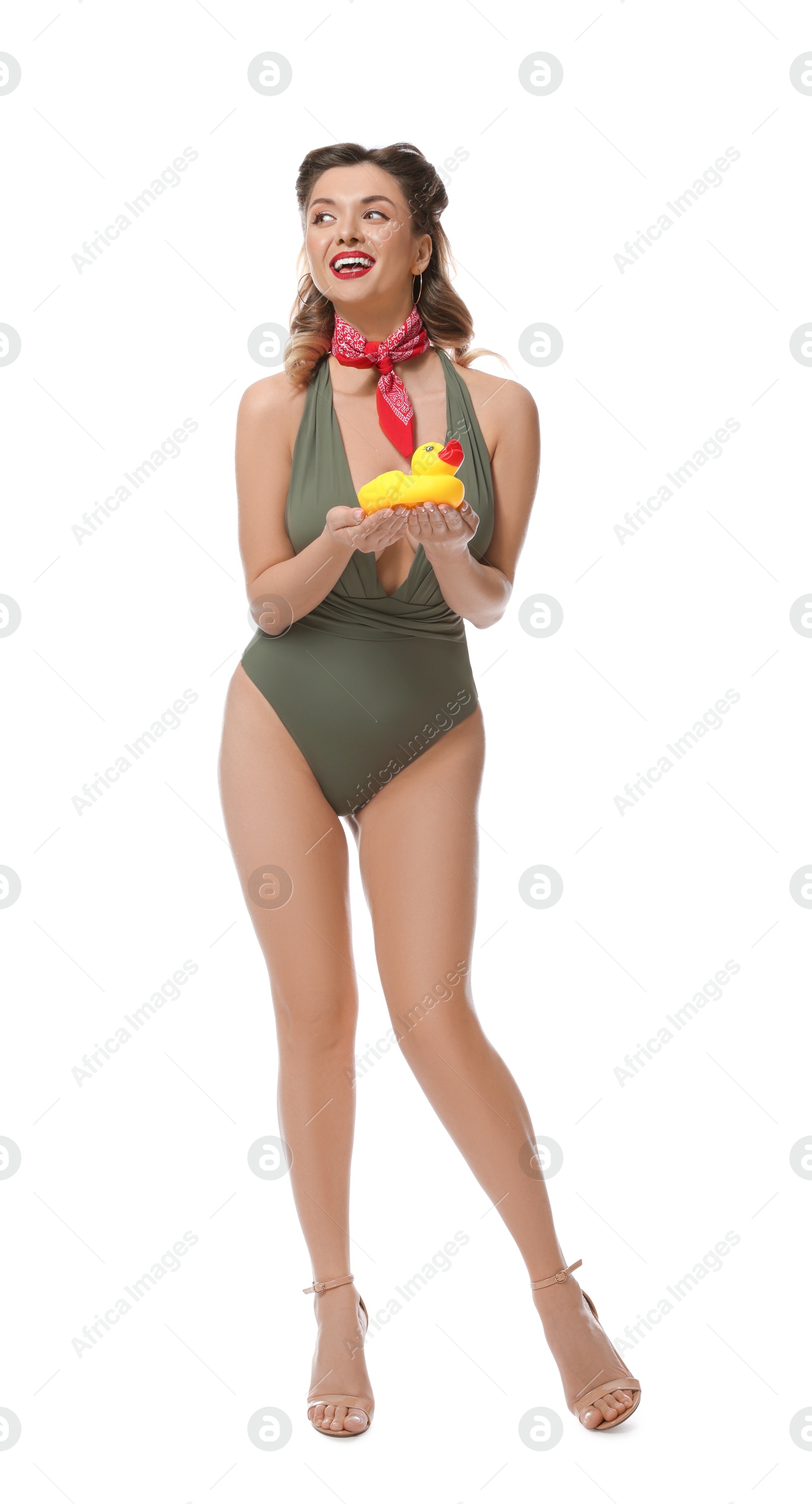 Photo of Happy pin-up woman in swimsuit with rubber duck on white background