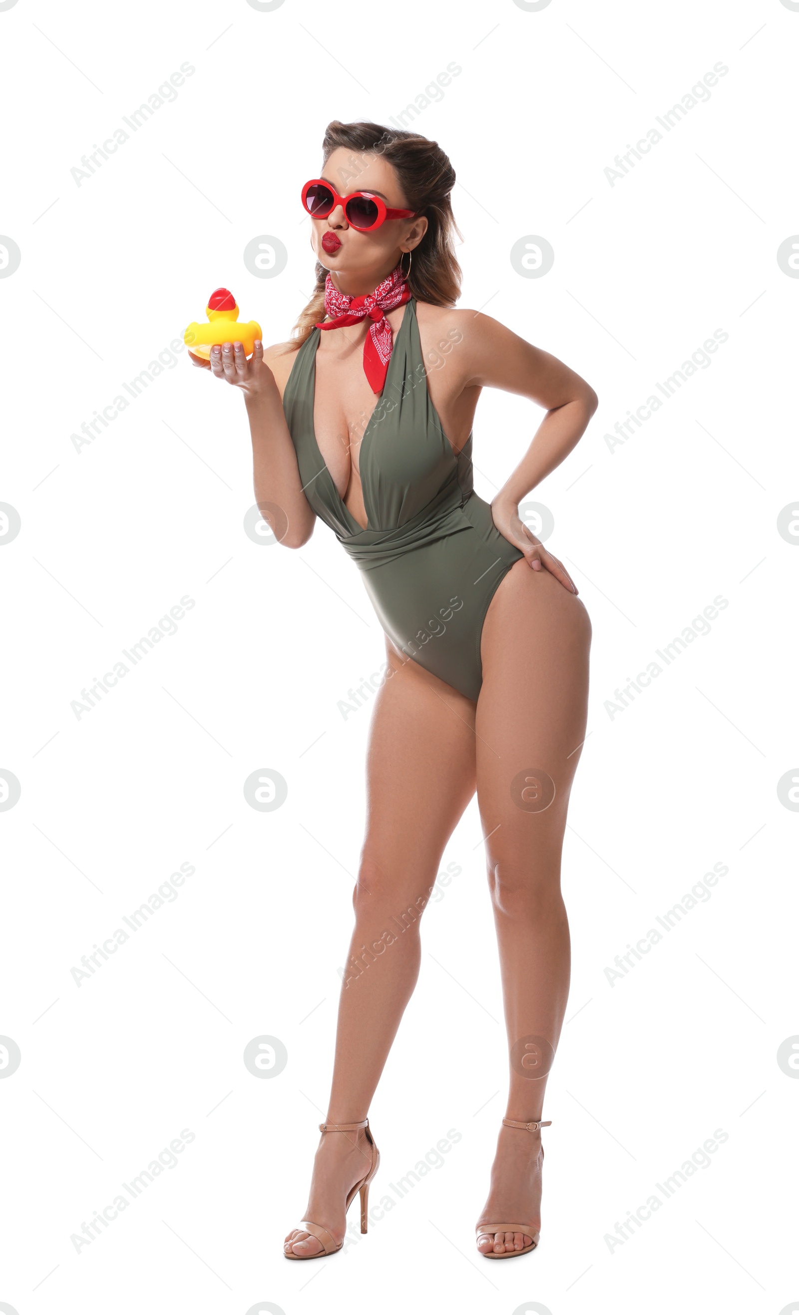 Photo of Attractive pin-up woman in swimsuit with rubber duck on white background