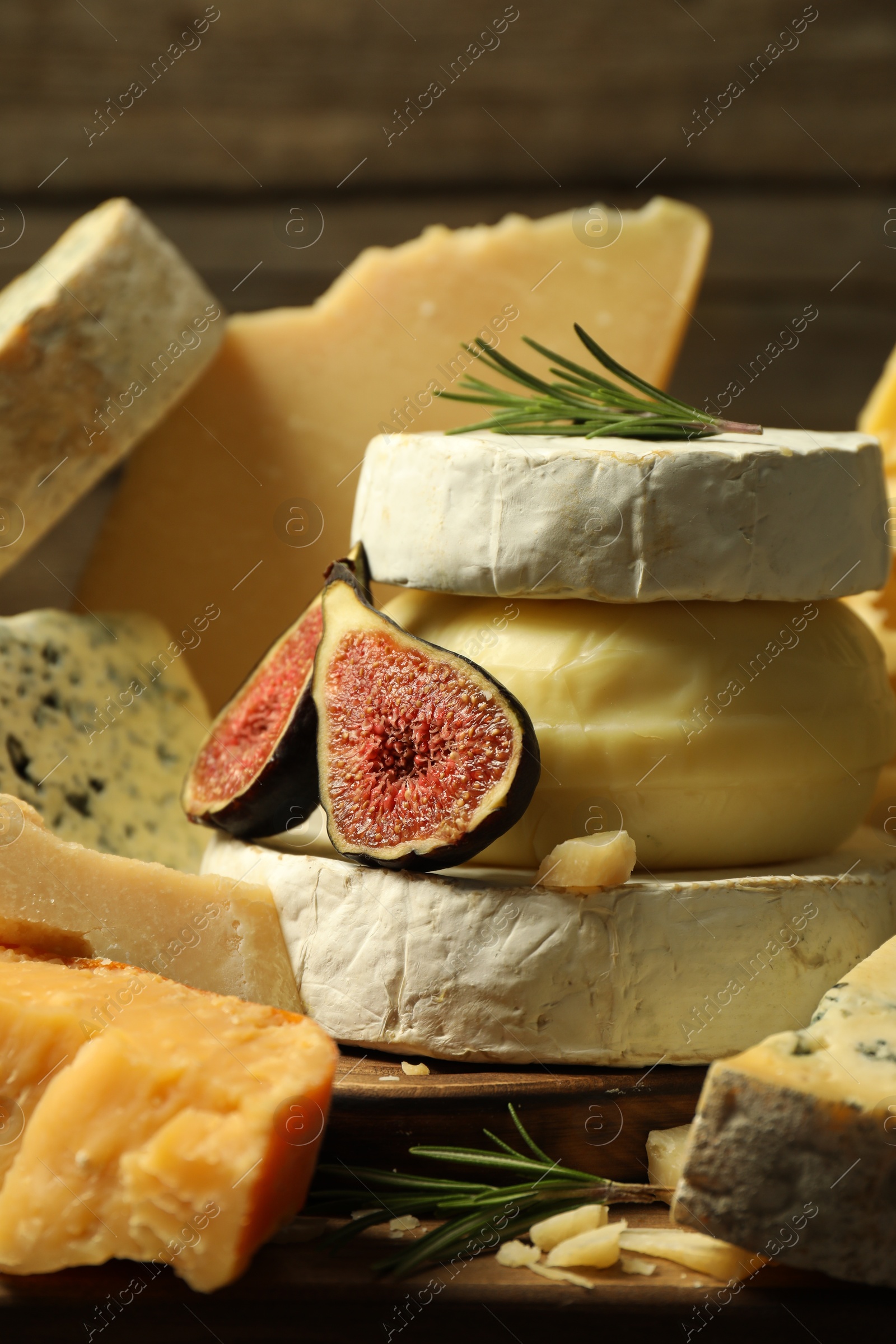 Photo of Different types of cheese, fig and rosemary on table, closeup