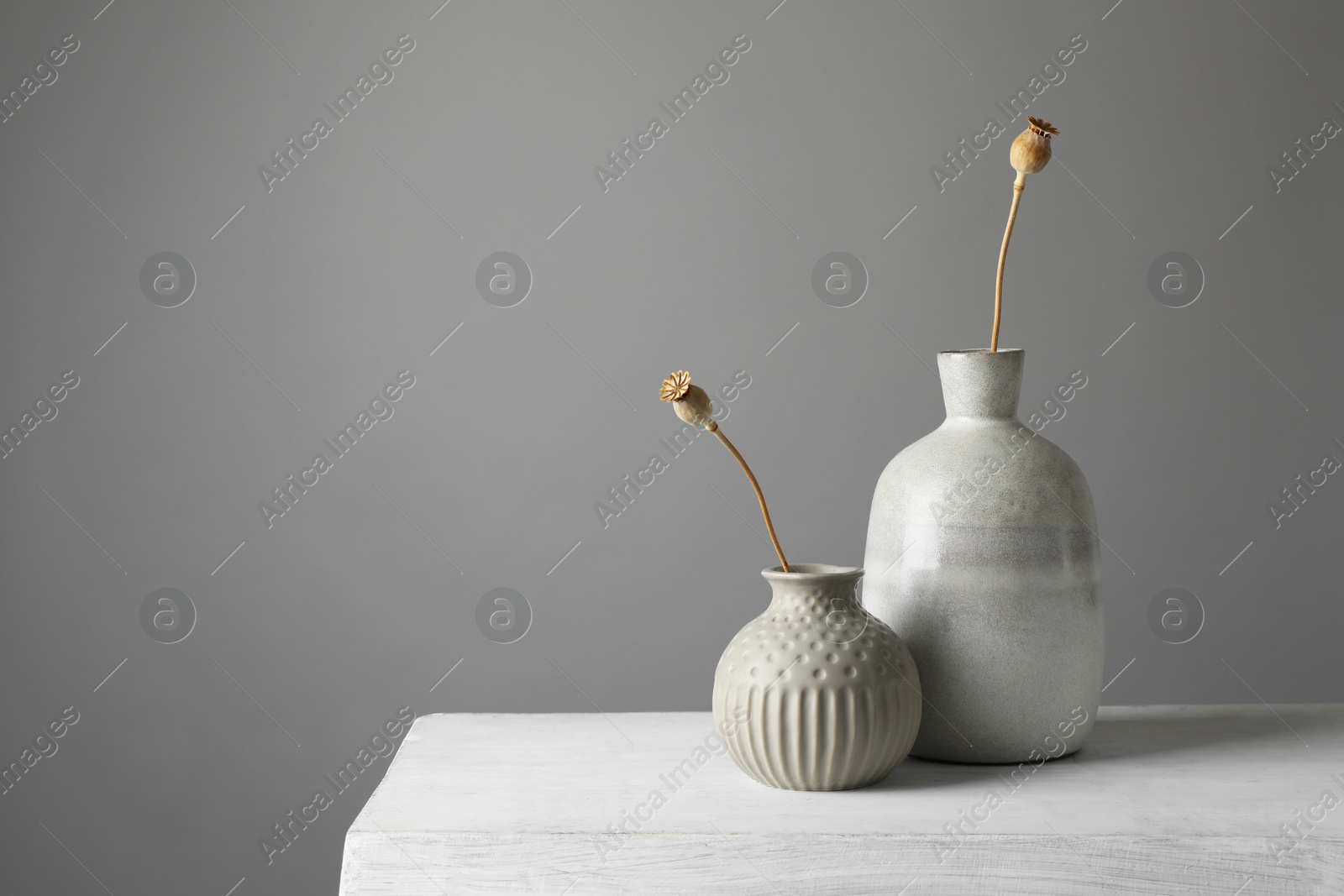 Photo of Stylish vases with dry poppy heads on white table, space for text