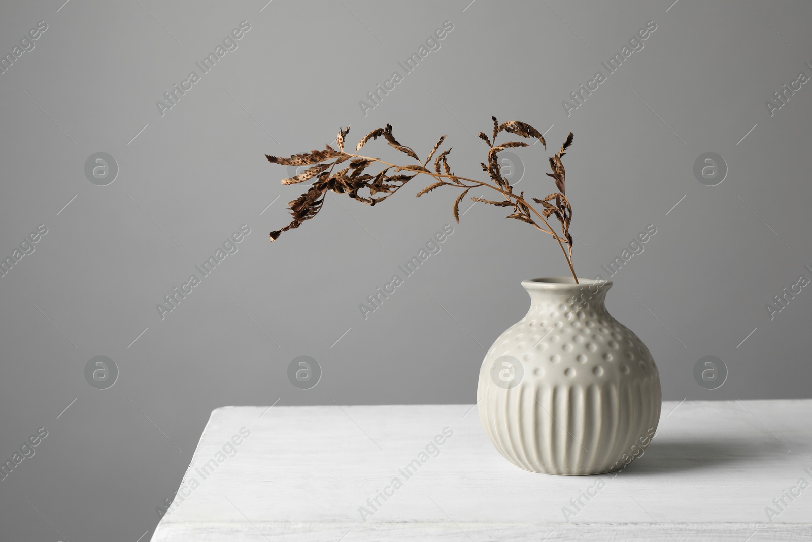 Photo of Stylish vase with dry branch on white table