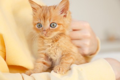 Photo of Teenage boy with his cute ginger kitten indoors, closeup