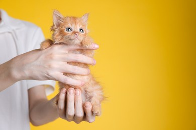 Photo of Teenage boy holding cute ginger kitten on yellow background, closeup. Space for text