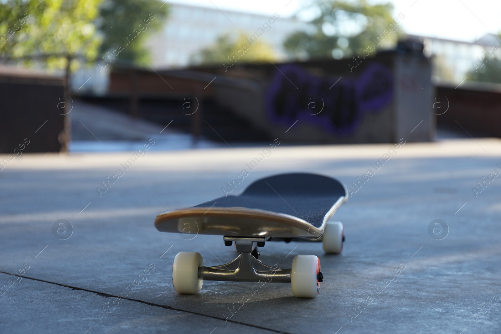 Photo of One skateboard with black griptape in modern skatepark