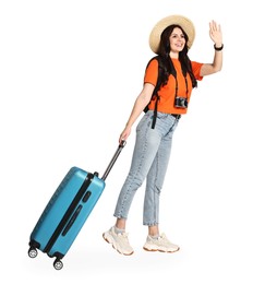 Photo of Young tourist in hat with camera, suitcase and backpack on white background, space for text