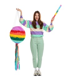 Happy woman with colorful pinata and stick isolated on white